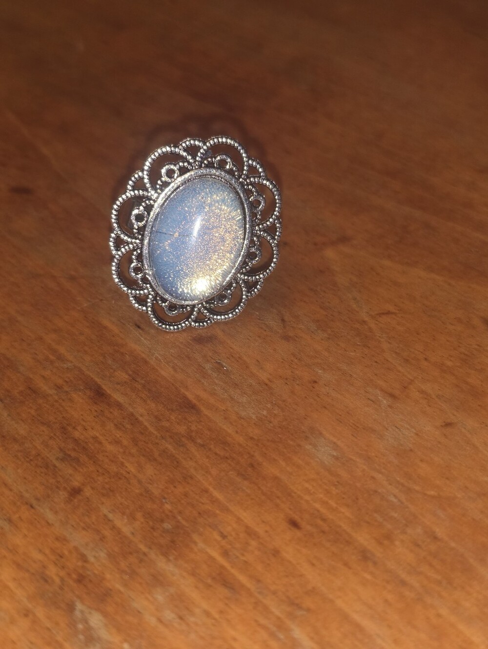 Moonstone Gemstone In Silver Tone Frame, Adjustablw Ring